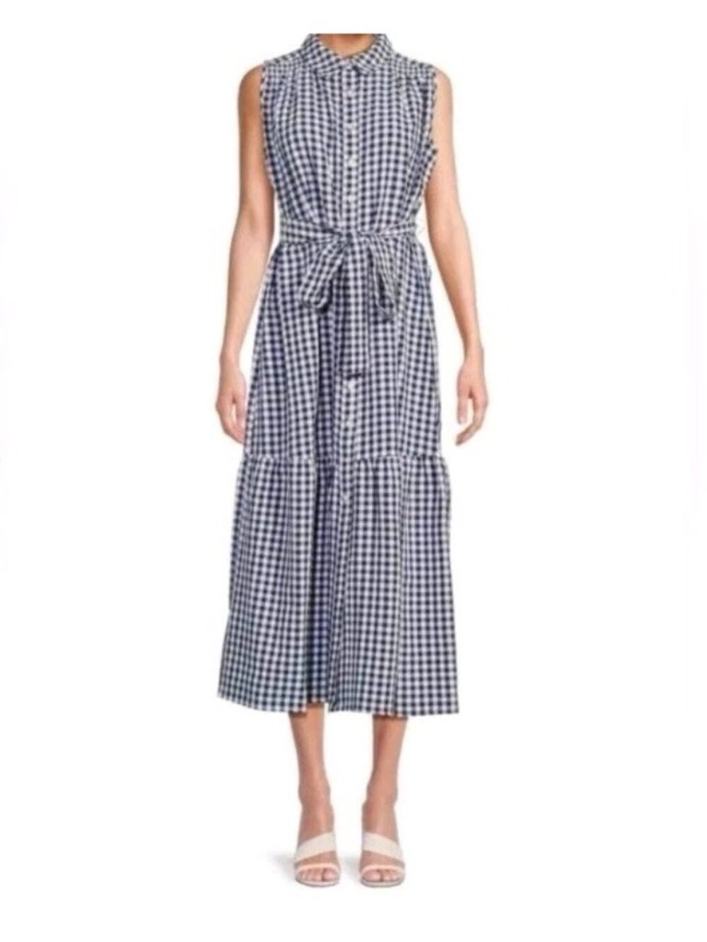 Tommy Hilfiger Gingham Maxi Shirt Dress Ruffle Hem Stretch Casual 2X Black White